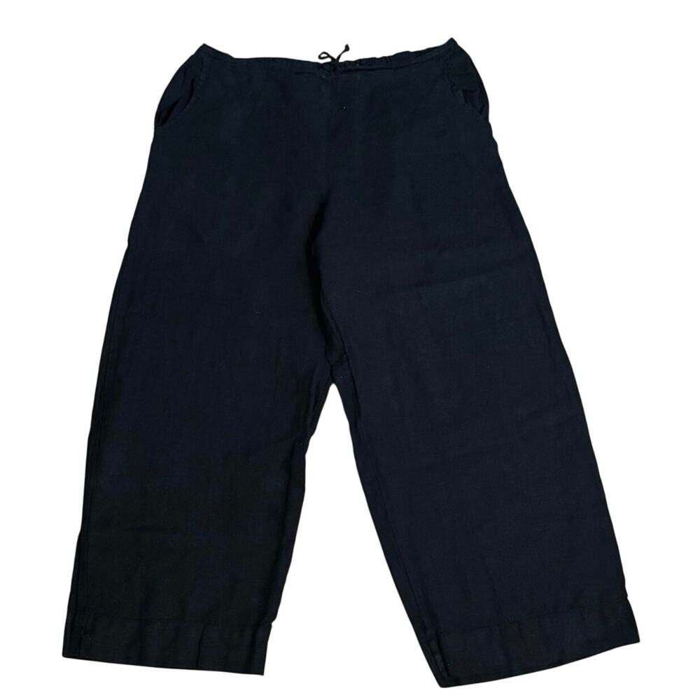 Bryn Walker Size L 100% Linen Wide Leg Crops Cropped Pants Black Lightweight USA